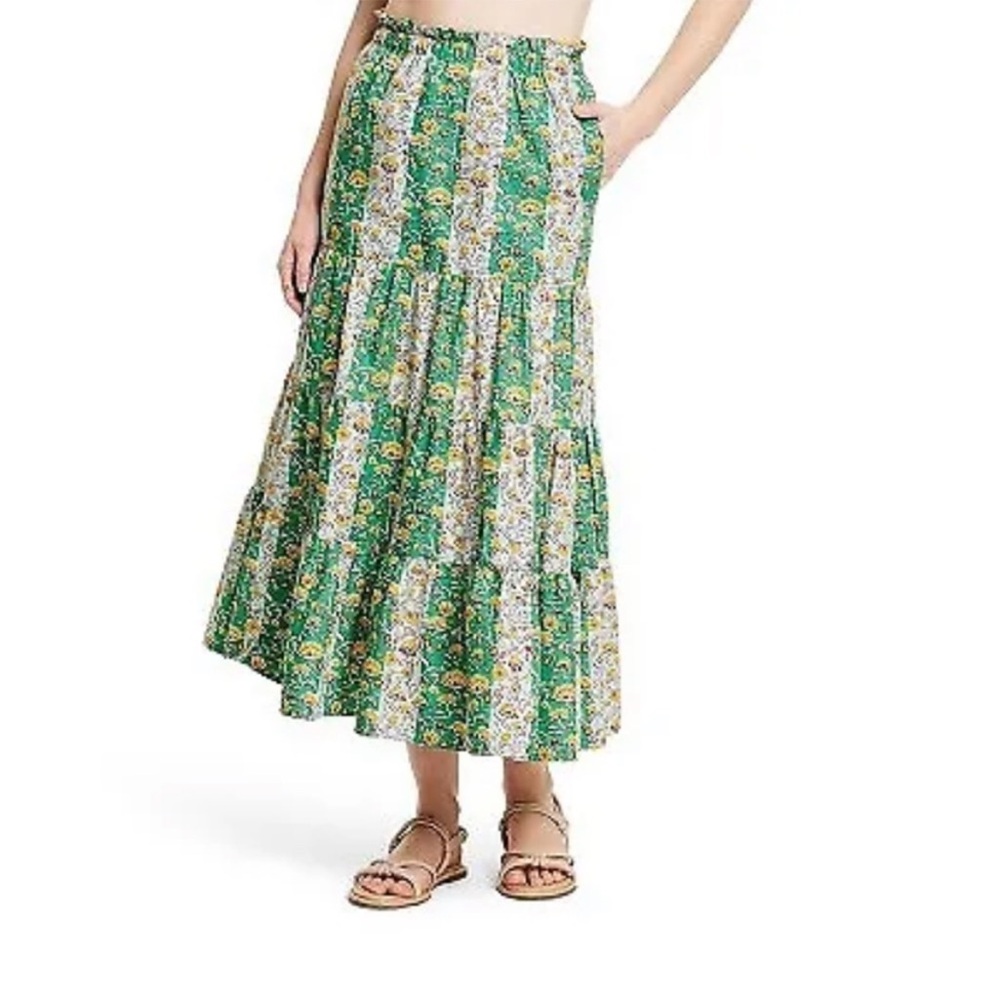 RHODE Green Floral Midi Skirt